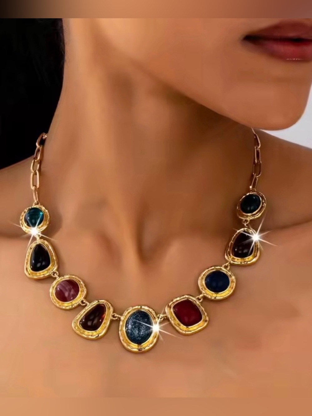 Gold tone Multi-Stone Statement Necklace in Blue and Red Elegant Necklace.